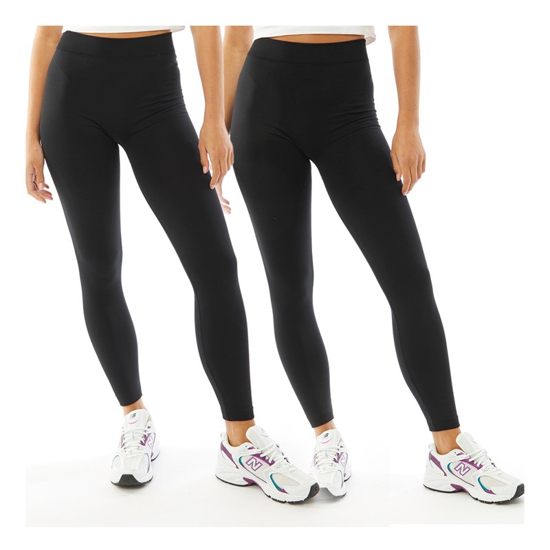 Womens Two Pack Fleece Lined Plain Leggings Black